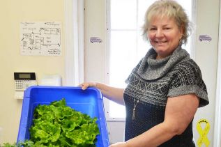 Vicki England with a full food bank bound harvest from the SFCS greenhouse.
